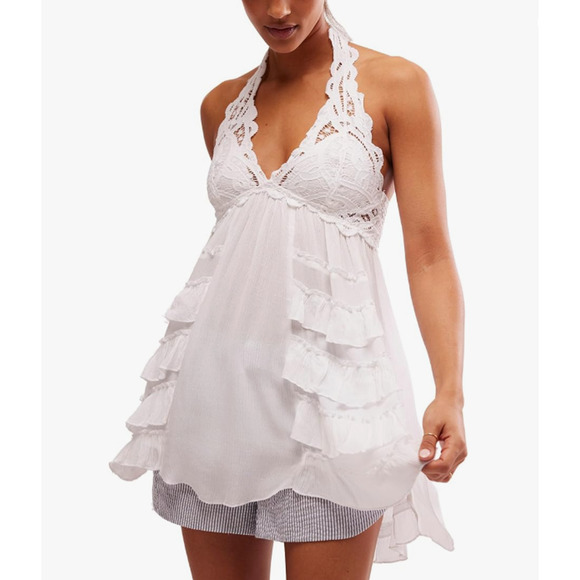 Free People ADELLA Crochet Lace Ruffled Halter Slip Dress in White M NWT $98 - Picture 1 of 10